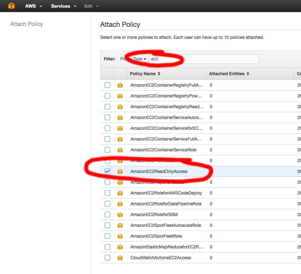 Attach a EC2 read only policy to the new user